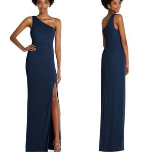 Dessy Thread One-Shoulder Chiffon Trumpet Bridesmaid Gown Navy size 12 NWT